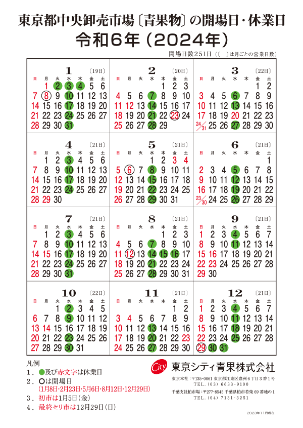 2025年（令和7年）豊洲市場カレンダー ｜ 東京シティ青果株式会社